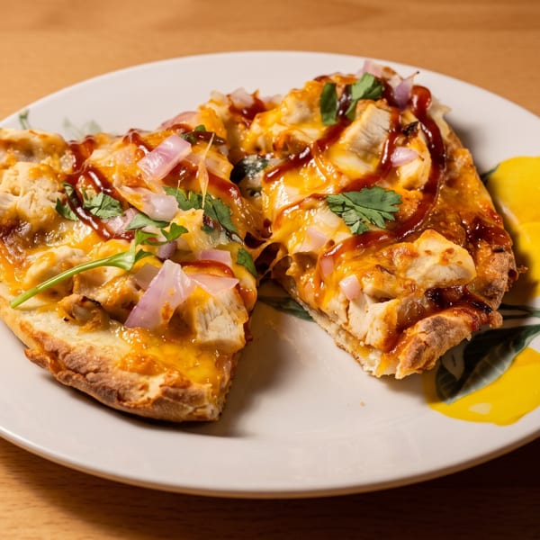 Two slices of BBQ chicken pizza with red onions and cilantro on a lemon-patterned plate.