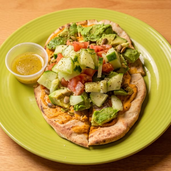Flatbread topped with hummus, avocado, cucumber, tomato, and seeds, with a side of dressing.