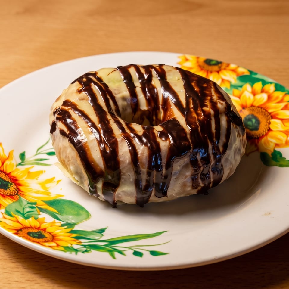 A donut with white frosting and chocolate drizzle on a white plate with sunflower designs.