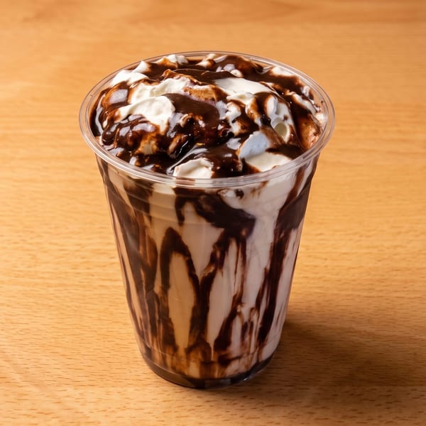 Chocolate milkshake with whipped cream and chocolate syrup drizzle in a clear plastic cup on a wooden table.