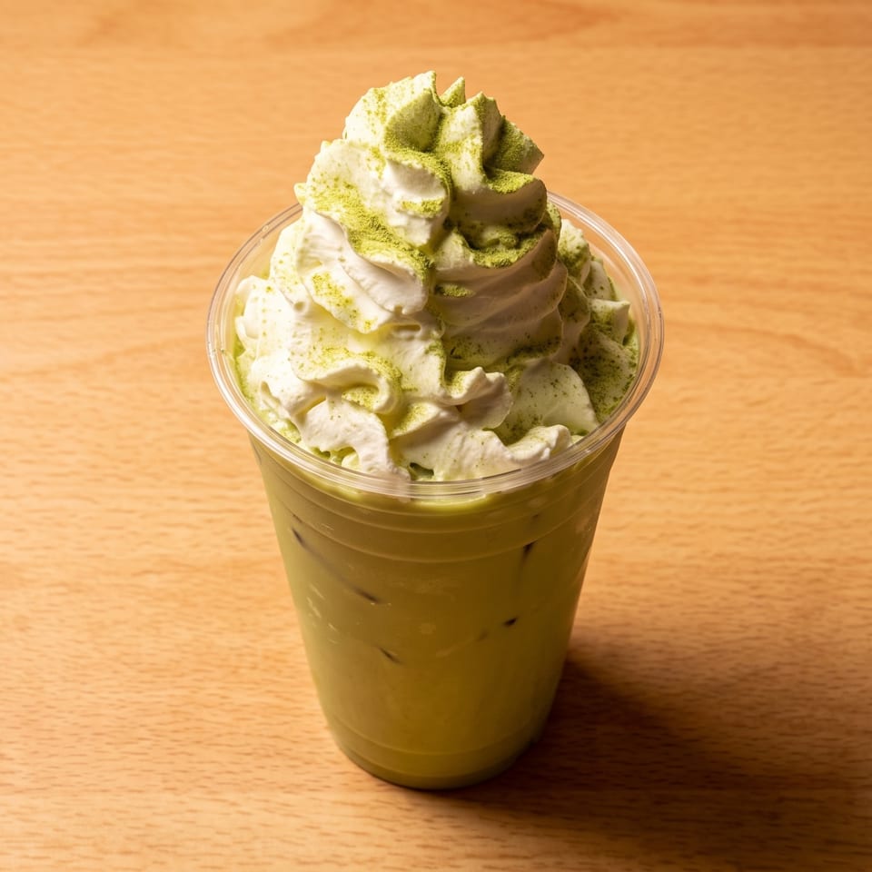 Iced matcha latte with whipped cream and green powder on a wooden table.