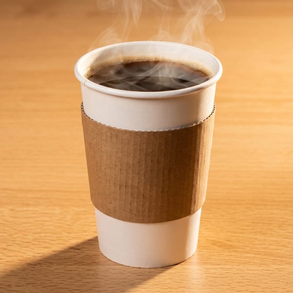 Steaming hot coffee in a white disposable cup with a brown sleeve on a wooden table.